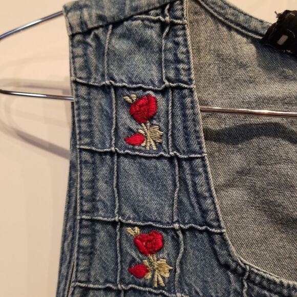 Vintage 90's NEW Denim Dress Embroidered Roses Floral Faux Wrap Button Size M - Picture 7 of 16
